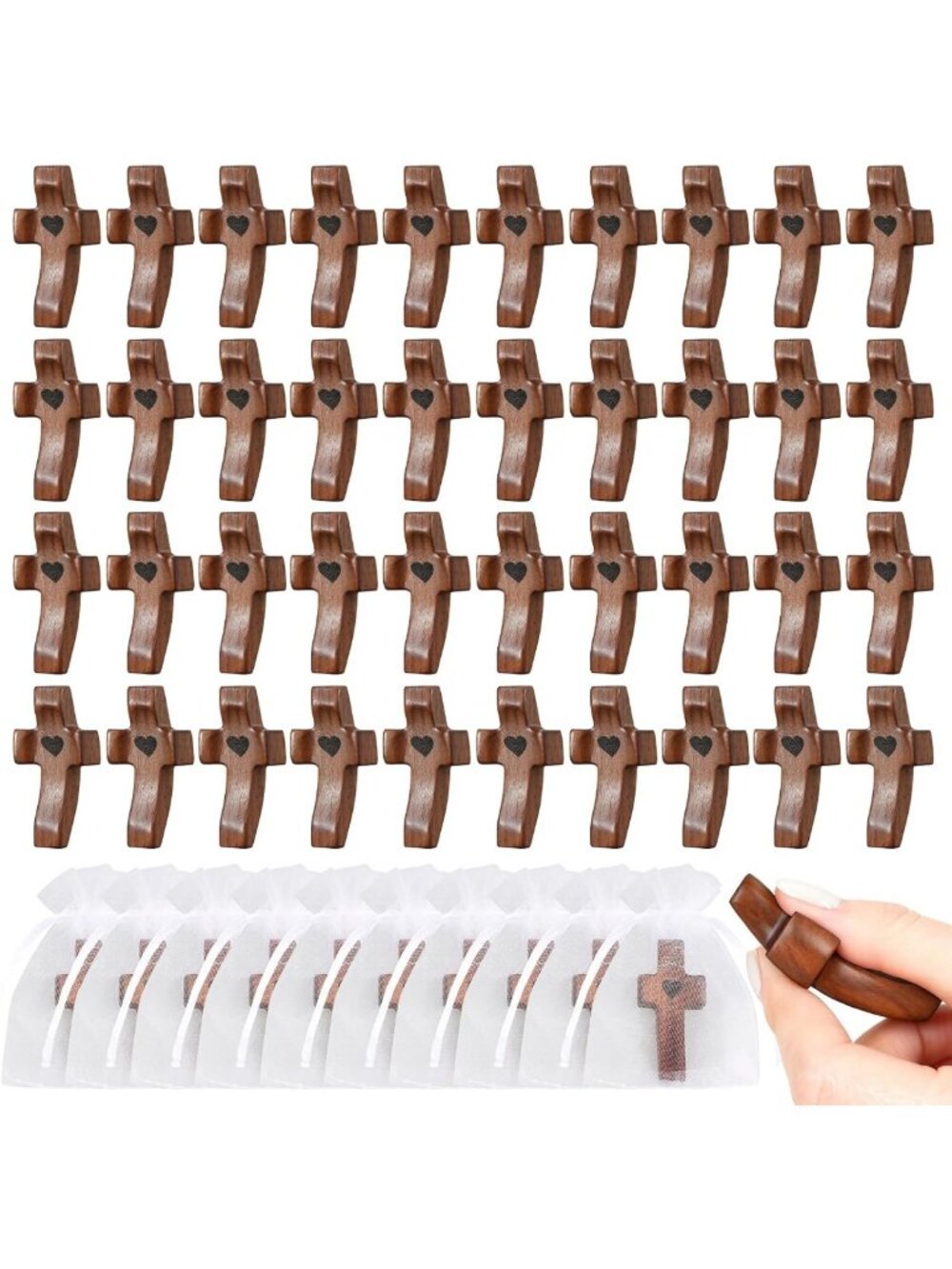 50Pcs Handcrafted Wooden Worry Crosses with Gift Bags - Stress Relief & Faith